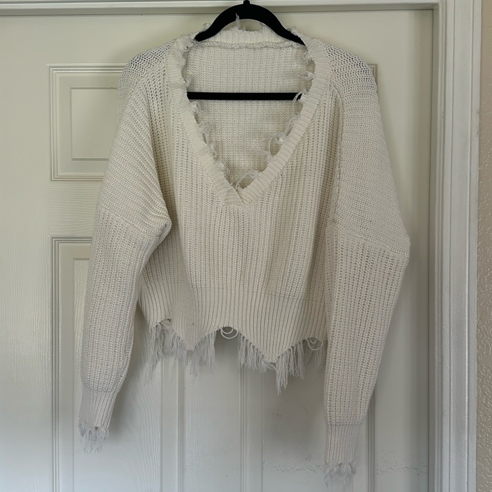 Shein - One Size - Funky Fray Bottom V Neck and Sleeves long Sleeve Sweater